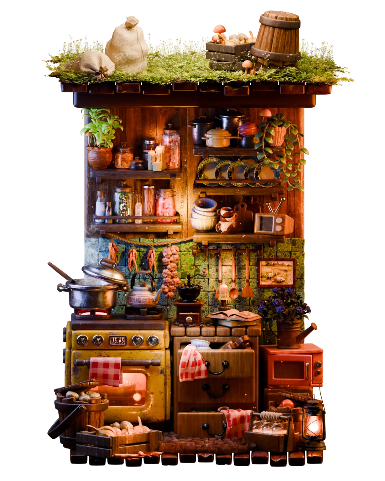 Beneath the Moss Roof, a warm stylized woodland kitchen environment by Quan Le