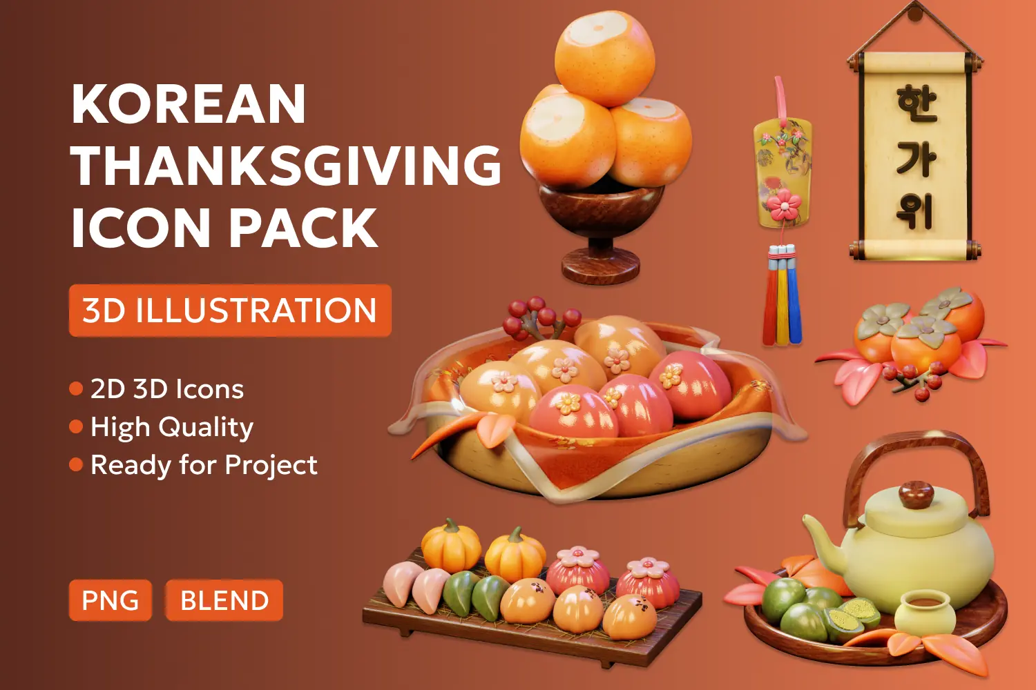 Korean Thanksgiving 3D Icons Pack featuring persimmons, songpyeon, a tea set, and traditional decorative objects.